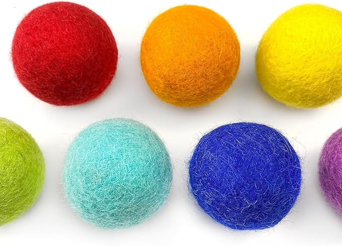 Rainbow Large Felt Balls | Montessori Wool Pom Poms for Baby, Crafts, Cats, Essential Oils, Felting & Garland | 7 ROYGBIV Colors | 4 CM (1.75-2") Jumbo Size | Muslin Storage Bag