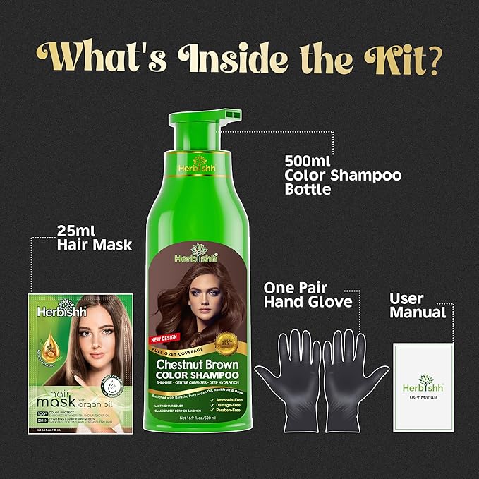 Herbishh Hair Color Shampoo for Gray Hair Chestnut Brown 500 ML - Dye Shield or Defender - Hair Color Stain Remover Wipes - Travel Pack With 5 Wipes