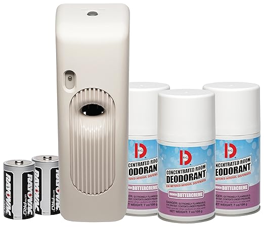 Big D 854 Metered Aerosol Starter Kit, French Buttercreme Fragrance (Contains Dispenser, 2 Batteries, 3 Aerosol Cans) - Air freshener ideal for restrooms, offices, schools, restaurants, hotels