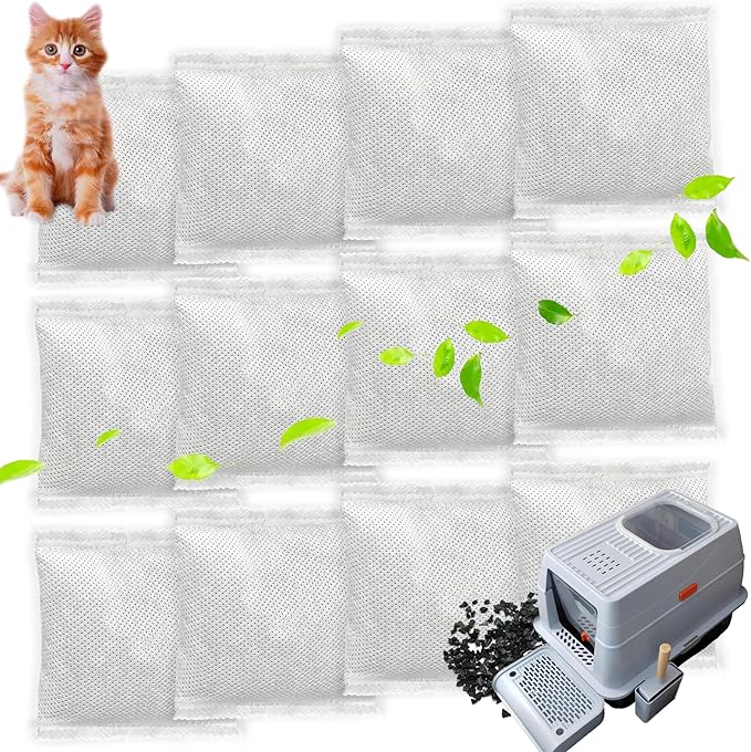 12 * 43g Larger Bag Activated Charcoal Odor Absorber Bags for Stainless Steel Litter Box with Lid, Natural Coconut shell Charcoal Bags, Absorb Odors/Control Damp from Pets/Keep Home Fresh