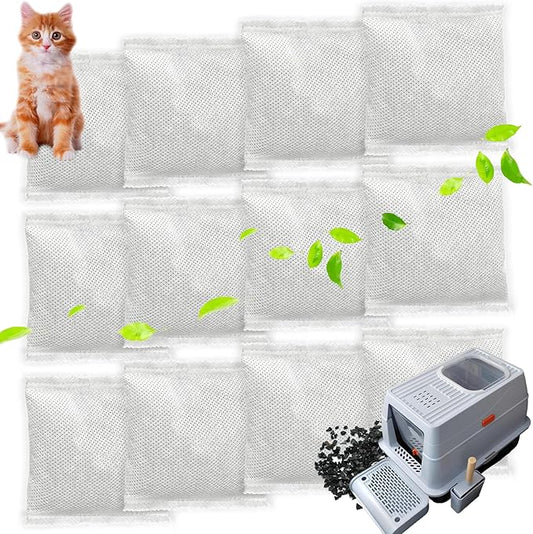 12 * 43g Larger Bag Activated Charcoal Odor Absorber Bags for Stainless Steel Litter Box with Lid, Natural Coconut shell Charcoal Bags, Absorb Odors/Control Damp from Pets/Keep Home Fresh