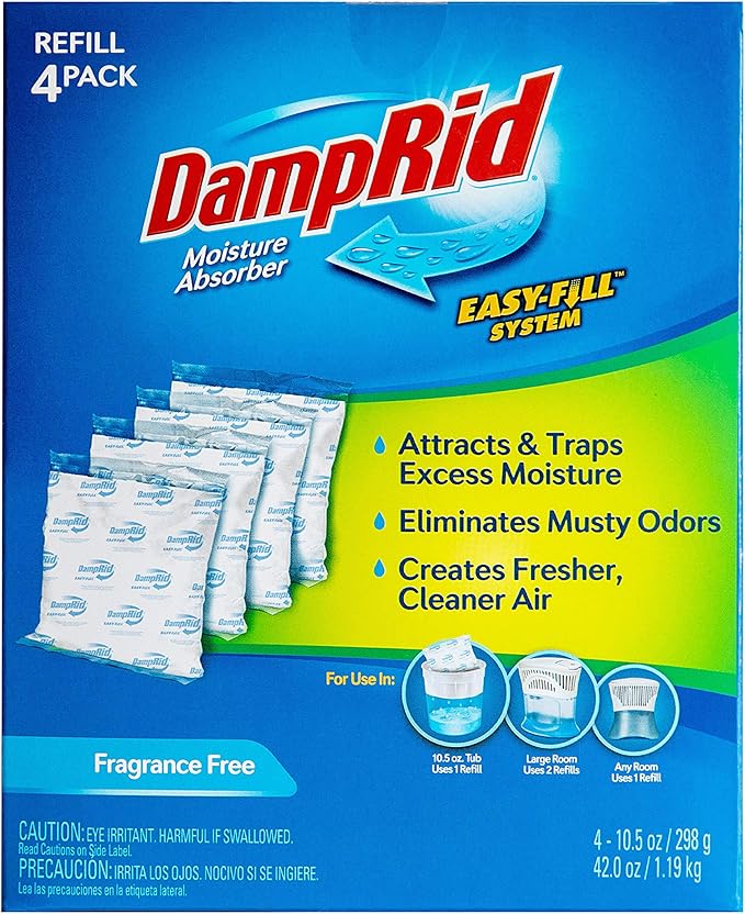 DampRid 10.5 oz Fragrance Free Absorber Easy Fill Refill Packs-4 Count – Attracts & Traps Moisture for Fresher, Cleaner Air, Blue/White (Pack of 5)