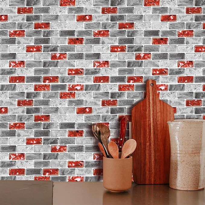 Marble Peel and Stick Backsplash for Kitchen, 10-Sheet Stick on Backsplash for Bathroom, Large Self-Adhesive Kitchen Backsplash, Red Marble Look Decorative Tiles（12"×12"）