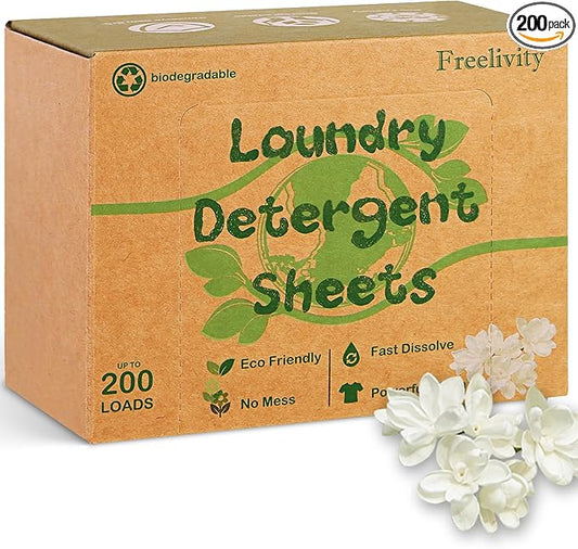 Freelivity Laundry Detergent Sheets, 200 Sheets Fresh Linen Scent - Eco-Friendly Hypoallergenic Plastic-Free LiquidLess Clothes Washing Detergent Supplies for Save Space Travel Camping