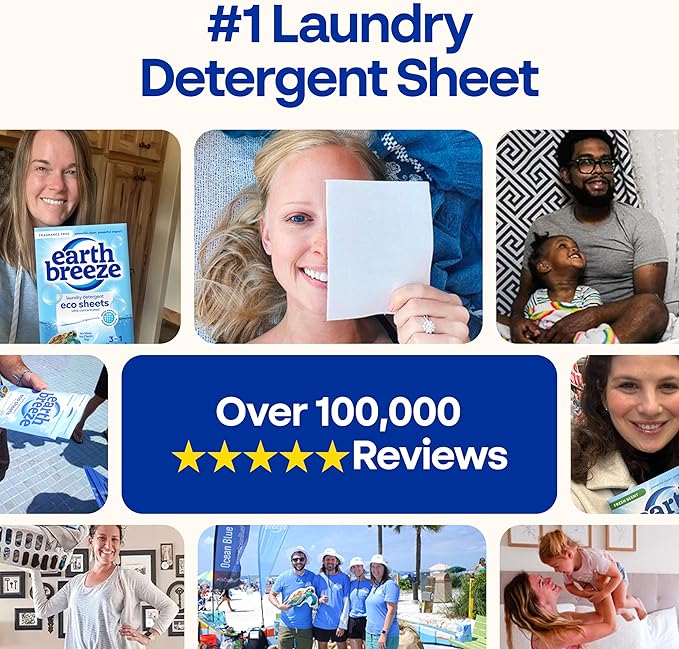 Earth Breeze Laundry Detergent Sheets Fragrance-Free - 180 Loads Eco Liquidless Soap - Travel-Friendly for Hot & Cold Cycles, Tackles Tough Stains & Odors - Gentle on Sensitive Skin, 90 Ct (3 Pack)