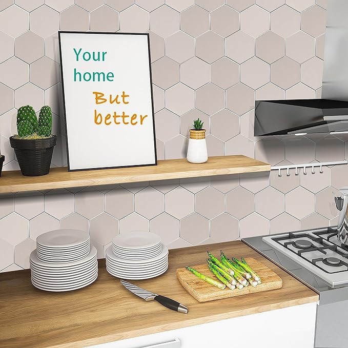 Thickened Hexagon Peel and Stick Tile Backsplash, New Upgrade Glossy and Matte Beige Waterproof Stick on Backsplash, Self-Adhesive Marble Tiles for Kitchen,Bathroom and Bedroom，10-Sheet.