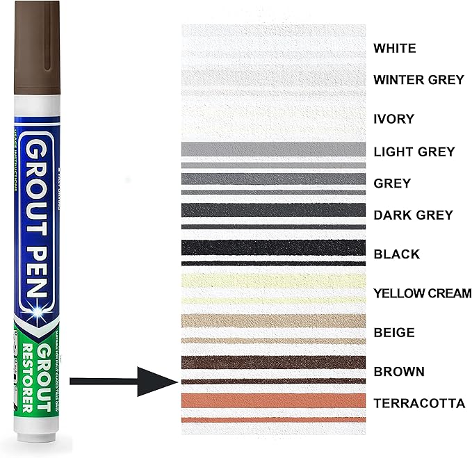Grout Pen Tile Paint Marker: Brown Narrow 5mm with 5 Pack Replacement Tips - Waterproof Grout Colorant and Sealer Pen to Renew, Repair, and Refresh Tile Grout - Cleaner Coating Stain Pens