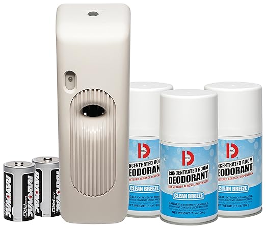 Big D 878 Metered Aerosol Starter Kit, Clean Breeze Fragrance (Contains Dispenser, 2 Batteries, 3 Aerosol Cans) - Air freshener ideal for restrooms, offices, schools, restaurants, hotels, stores