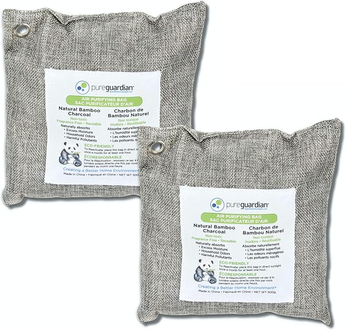 PureGuardian CB500 Bamboo Charcoal Air Purifying Bag, Eco-Friendly, Naturally Absorbs Odors, Excess Moisture and Pollutants, 500g, 2-Pack, Gray