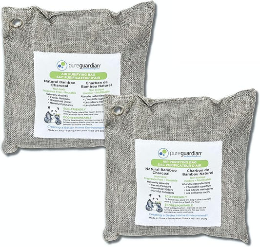 PureGuardian CB500 Bamboo Charcoal Air Purifying Bag, Eco-Friendly, Naturally Absorbs Odors, Excess Moisture and Pollutants, 500g, 2-Pack, Gray