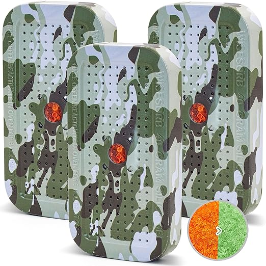 40 Gram Gun Safe Dehumidifier Camouflage, Rechargeable Desiccant Canister Dehumidifier Bags, Reusable Silica Gel Packets Moisture Absorbers for Car, Bathroom, Basement [3PACK]