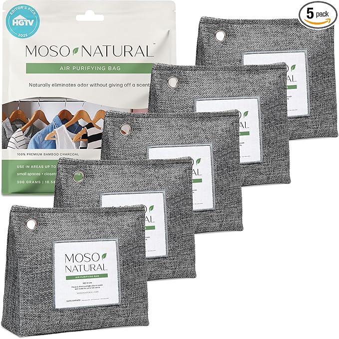 Moso Natural Air Purifying Bag 300g (10.58oz) Premium Bamboo Charcoal Odor Absorber for Home & Pet, Closet Odor Eliminator & Small Room Deodorizer, Charcoal Bags Last 2 Years, Unscented (5 Pack)