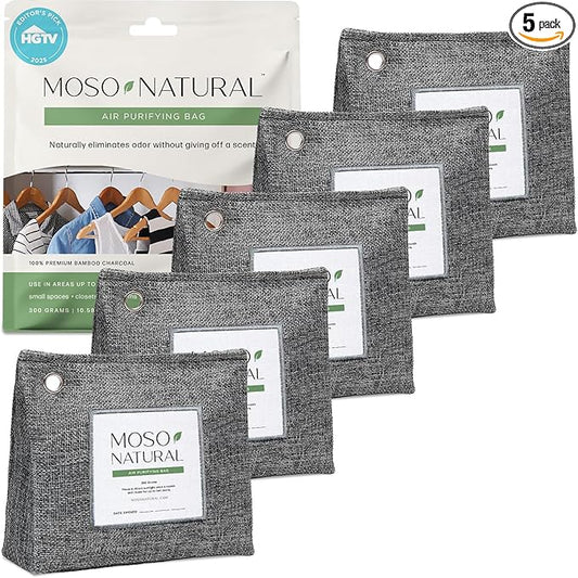 Moso Natural Air Purifying Bag 300g (10.58oz) Premium Bamboo Charcoal Odor Absorber for Home & Pet, Closet Odor Eliminator & Small Room Deodorizer, Charcoal Bags Last 2 Years, Unscented (5 Pack)