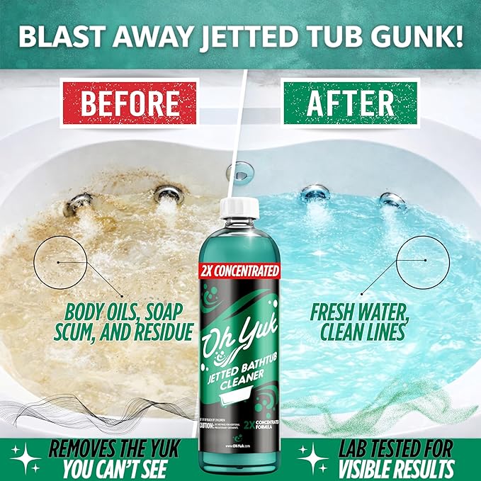 Oh Yuk Jetted Tub Cleaner 2X Concentrated – Deep Cleaning Jetted Bathtub & Jacuzzi Cleaner for Tub Systems with Jets – Removes Buildup – 16 fl oz