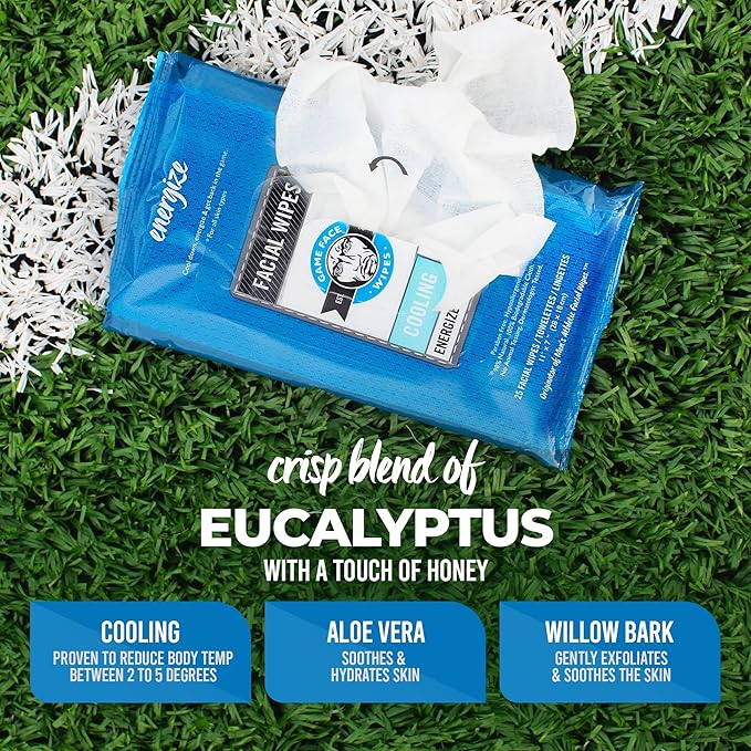 Game Face Cooling Face Wipes 25 Count XL Size Compostable Cloth Naturally Formulated and Lightly Scented Hydrating, Energizing, and Invigorating Wipes for Athletic, Sport, and On The Go Needs.