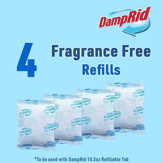 DampRid 10.5 oz Fragrance Free Absorber Easy Fill Refill Packs-4 Count – Attracts & Traps Moisture for Fresher, Cleaner Air, Blue/White (Pack of 5)