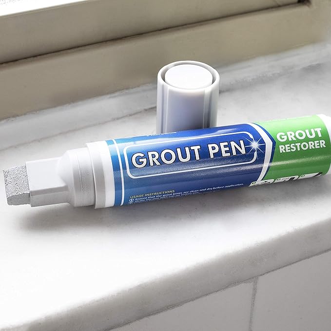 Grout Pen Tile Paint Marker: Waterproof Grout Colorant and Sealer Pen to Renew, Repair, and Refresh Tile Grout - Cleaner Coating Stain Pens - 2 Pack, 5mm Narrow and 15mm Wide Tip Pen - Light Grey