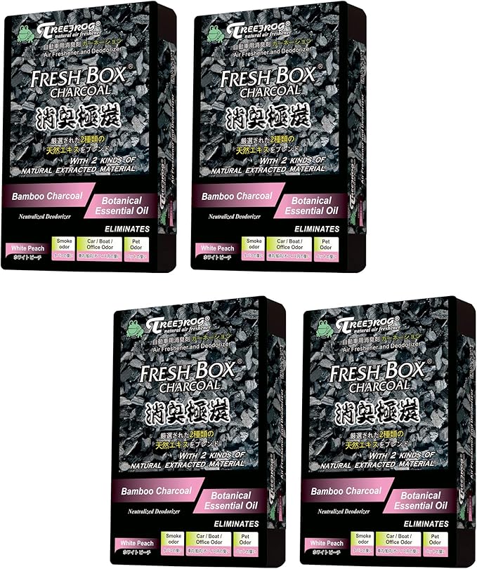 Tree Frog Xtreme Fresh Box Charcoal White Peach Scent 4-Pack Car Air Freshener, Deodorizer and Neutralizer air, Plus Smelling Great, Black Bamboo Charcoal, 200g.