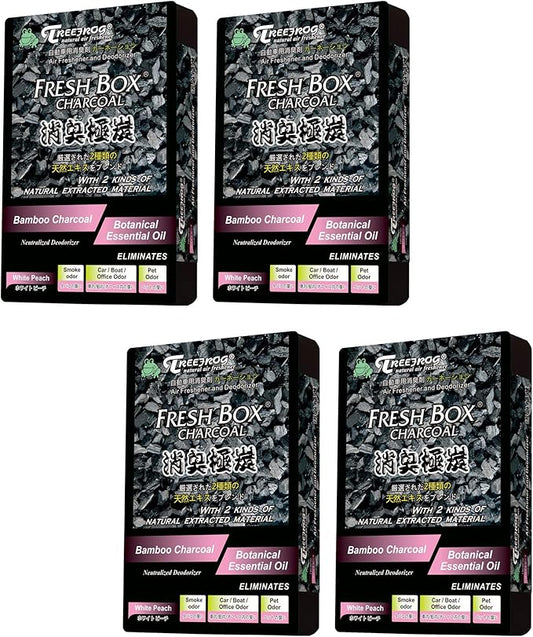 Tree Frog Xtreme Fresh Box Charcoal White Peach Scent 4-Pack Car Air Freshener, Deodorizer and Neutralizer air, Plus Smelling Great, Black Bamboo Charcoal, 200g.