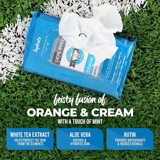 Game Face Grooming Cleansing Wipes - 25 Hydrating Facial Wipes (6 Pack) | On-The-Go, Lightly Scented, Rejuvenating, Eradicates Sweat | Perfect for Athletic, Sport, Travel, Camping, Festivals, Any Need