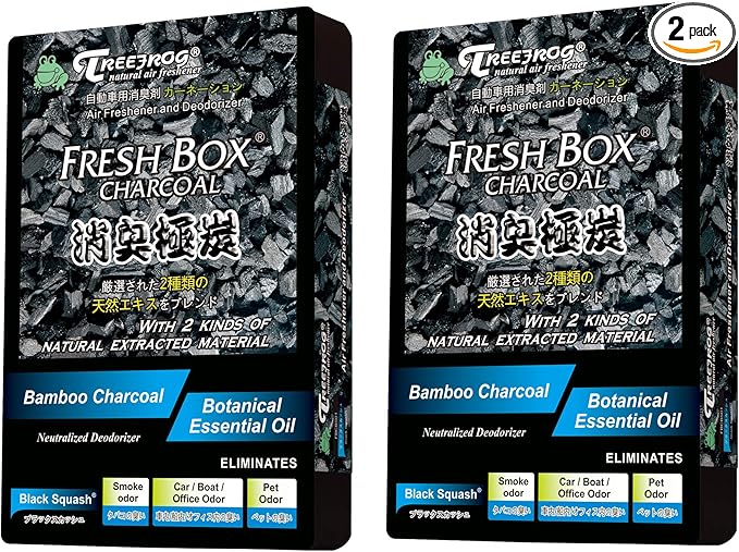 Treefrog Fresh Box Charcoal Black Squash Scent 2-Pack Car Air Freshener, Natural Activated Extracted Material, Black, Bamboo Charcoal, 200g. Captures, Eliminates Odors, and Freshens Air