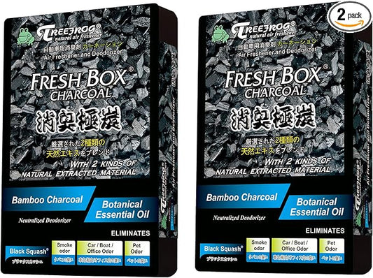 Treefrog Fresh Box Charcoal Black Squash Scent 2-Pack Car Air Freshener, Natural Activated Extracted Material, Black, Bamboo Charcoal, 200g. Captures, Eliminates Odors, and Freshens Air