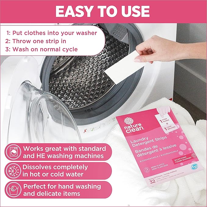 Nature Clean Non-Toxic Plastic-Free Packaging Natural Laundry Detergent Sheets 32 counts, Eco-Friendly Hypoallergenic Biodegradable Laundry Strips Travel Laundry Soap Sheets Wildflower Fragrance