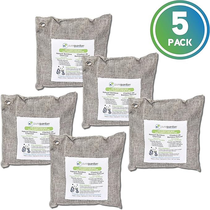 PureGuardian CB500 Bamboo Charcoal Air Purifying Bag, Eco-Friendly, Naturally Absorbs Odors, Excess Moisture and Pollutants, 500g, 5-Pack, Gray
