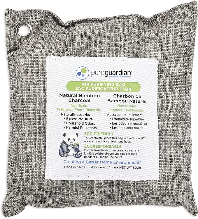 PureGuardian CB500 Bamboo Charcoal Air Purifying Bag, Eco-Friendly, Naturally Absorbs Odors, Excess Moisture and Pollutants, 500g, Gray