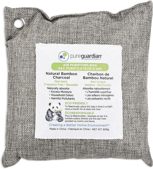 PureGuardian CB500 Bamboo Charcoal Air Purifying Bag, Eco-Friendly, Naturally Absorbs Odors, Excess Moisture and Pollutants, 500g, Gray