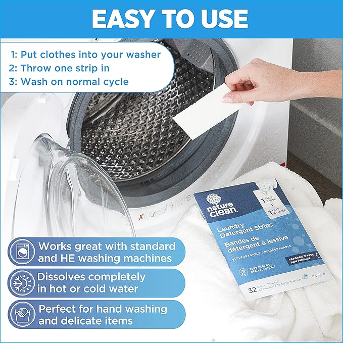 Nature Clean Plastic Free Natural Laundry Detergent Sheets Unscented 64 counts, Non-Toxic Organic Eco Friendly Hypoallergenic Biodegradable Laundry Strips Travel Laundry Soap Sheets Fragrance Free