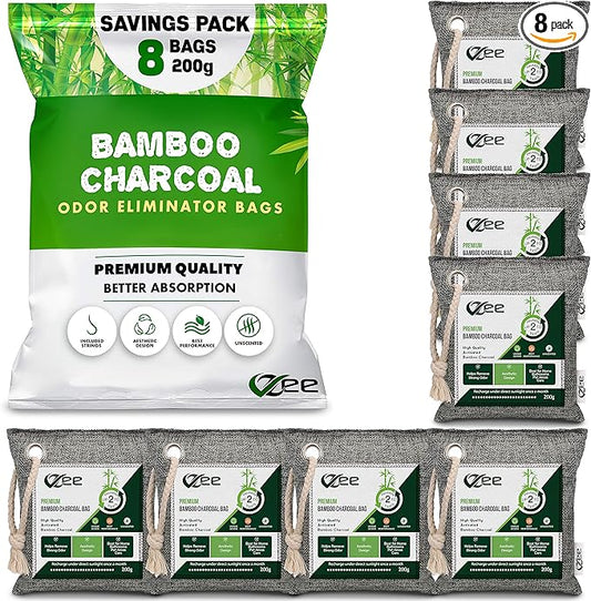 8 Bags x 200g Nature Fresh Activated Charcoal Odor Absorber, Bamboo Charcoal Air Purifying Bag, Odor Eliminator for Home, Car, Cigarette Smoke, Dog, Cat, Shoes