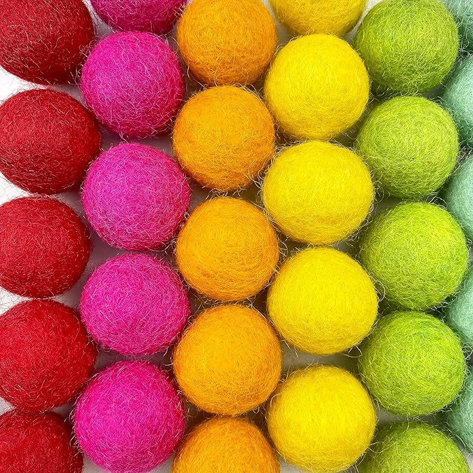Rainbow Party - 100% Handmade Wool Felt Pom Poms - (50) Pure New Zealand Wool Felt Balls - DIY Pompoms - 0.8-1.0" Size - Drawstring Muslin Bag