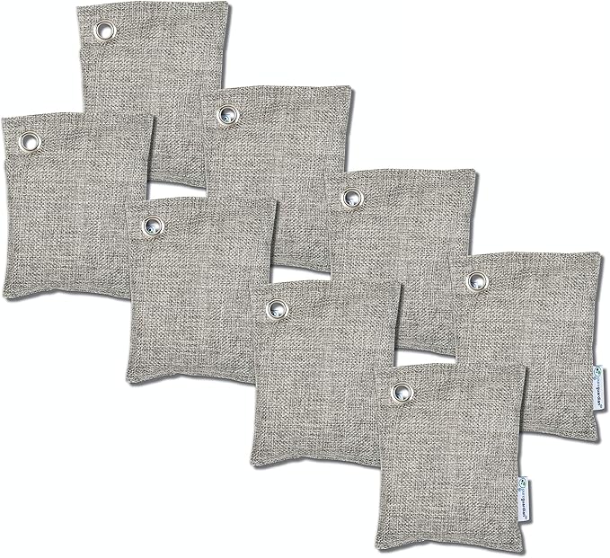 PureGuardian CB100 Bamboo Charcoal Air Purifying Bag, Eco-Friendly, Naturally Absorbs Odors, Excess Moisture and Pollutants, 100g, 8-Pack, Gray