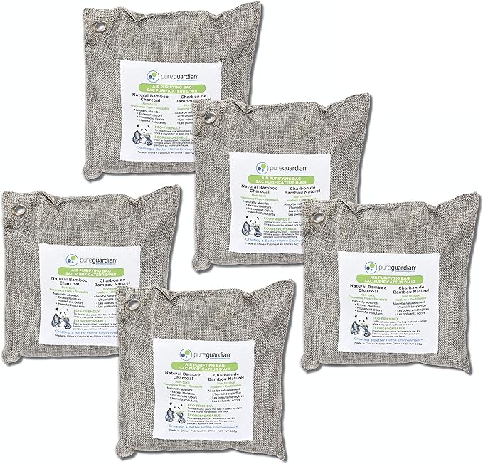 PureGuardian CB500 Bamboo Charcoal Air Purifying Bag, Eco-Friendly, Naturally Absorbs Odors, Excess Moisture and Pollutants, 500g, 5-Pack, Gray