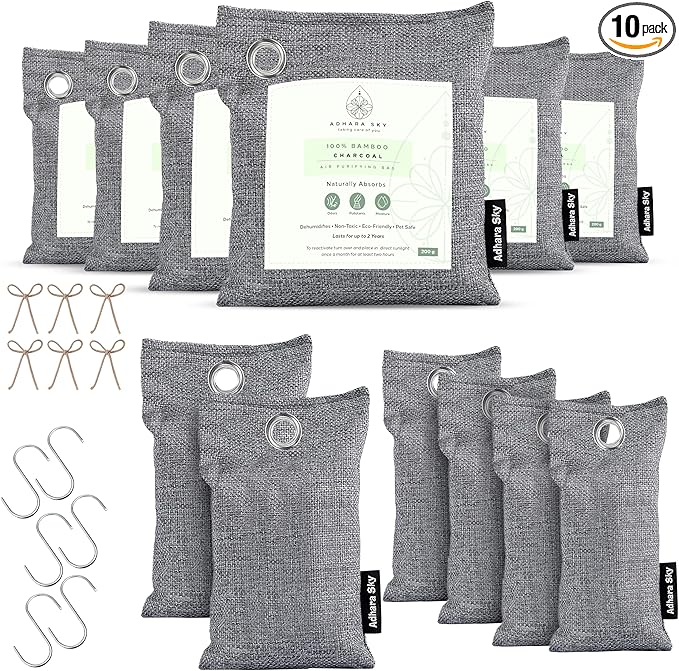 12 Pack Bamboo Charcoal Air Purifying Bag, Activated charcoal Bags Odor Absorber, Odor Eliminator for Home, Car, Office, Closet & House Deodorizer (6X200g,2X100g,4X50g,6 Hooks & Strings)