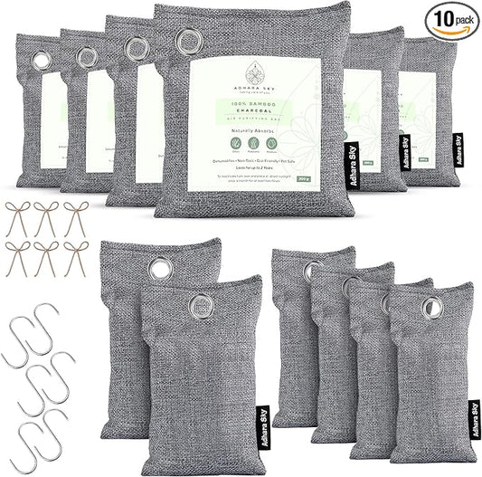 12 Pack Bamboo Charcoal Air Purifying Bag, Activated charcoal Bags Odor Absorber, Odor Eliminator for Home, Car, Office, Closet & House Deodorizer (6X200g,2X100g,4X50g,6 Hooks & Strings)