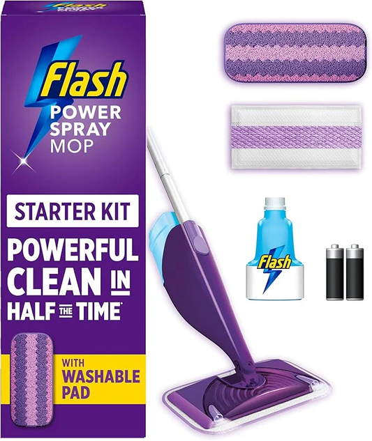 Flash Power Spray Mop Floor Cleaner Starter Kit, All-in-One Mopping System (6 Disposable + 1 Washable Pad + 1.25L Refill), Powered Deep Clean for Your Hard Floor Surfaces